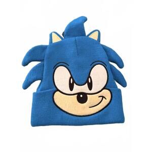 Blue Sonic the Hedgehog Knit Hat with Character Face and Spikes
